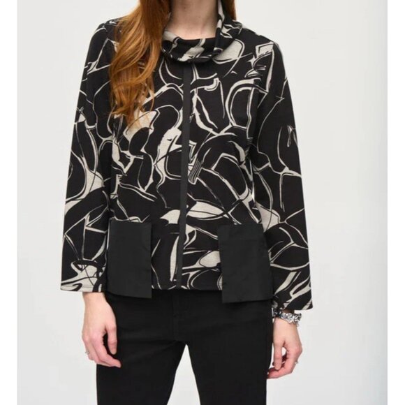 JOSEPH RIBKOFF Cowl Neck Tunic Top Black White Knit  Pockets NEW $199 Sz S/M - Picture 1 of 12